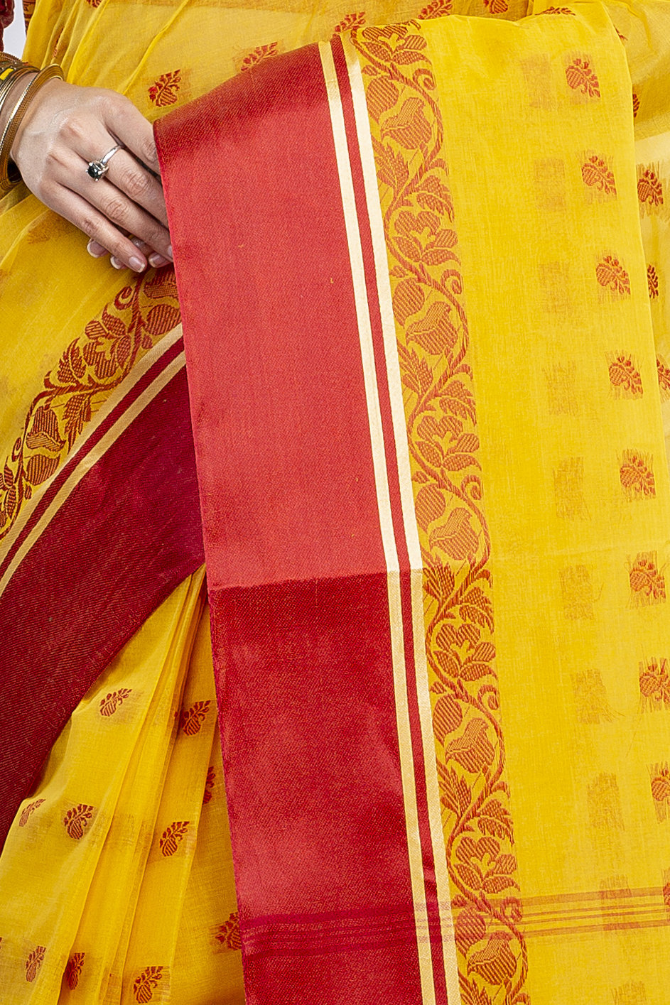 Yellow Red Pure Cotton Sukla_Velvet Tant Saree (801)
